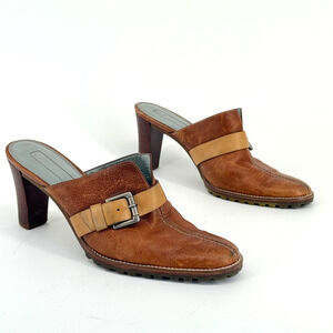 Vtg Y2K Unisa Leather Heeled Mules Size 6B Buckle Clogs Retro Brazil Susie Brown